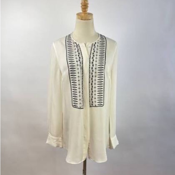 Veronica Beard silk tunic, ivory w/ black detailed embroidery, Long sleeve, Sz 4 - Picture 3 of 13